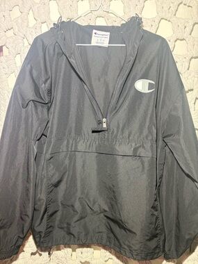 Champion Black Hooded Pullover with White Logo